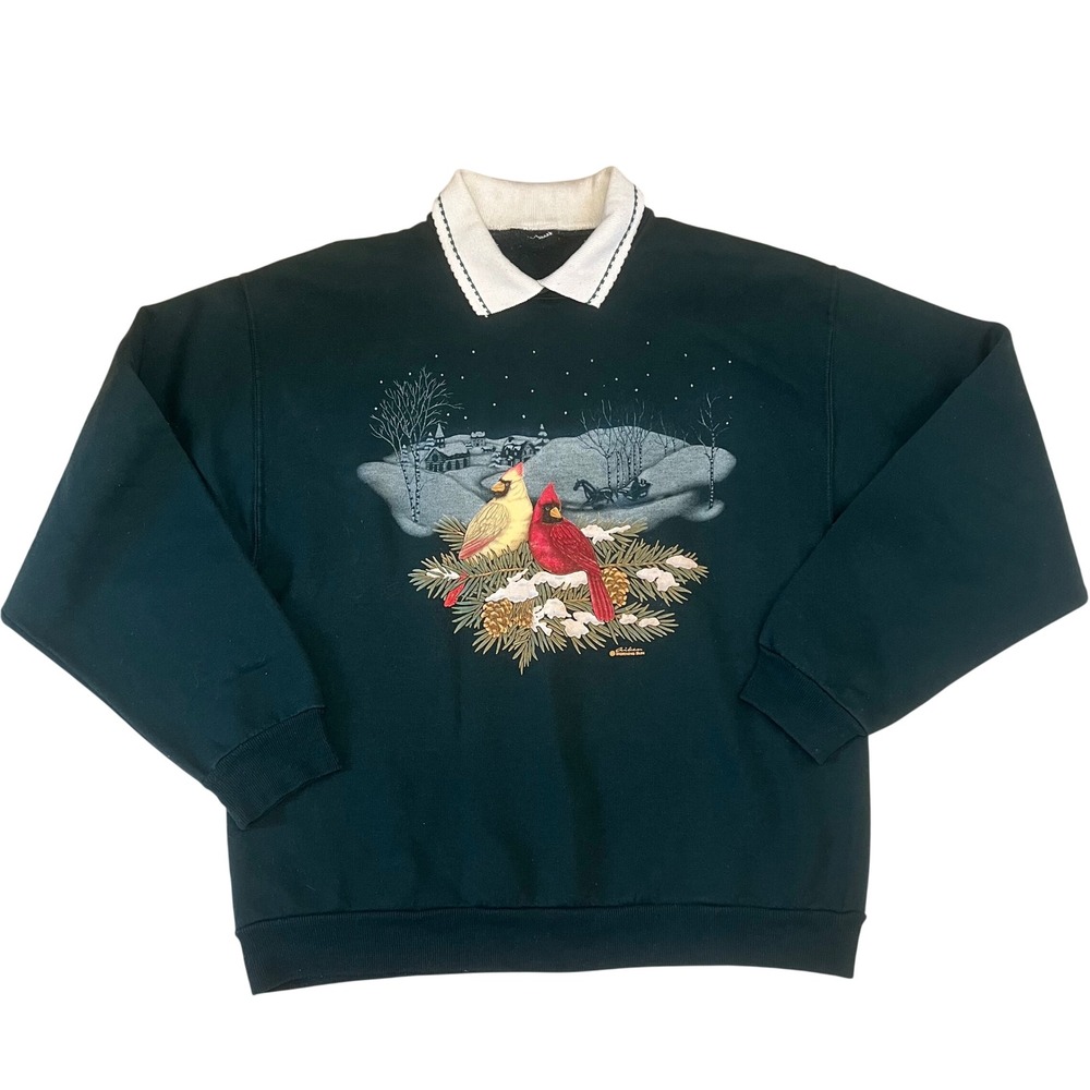 VTG 90s Morning Sun Cardinal Winter Scene Collared Sweatshirt Womens M‎ Green